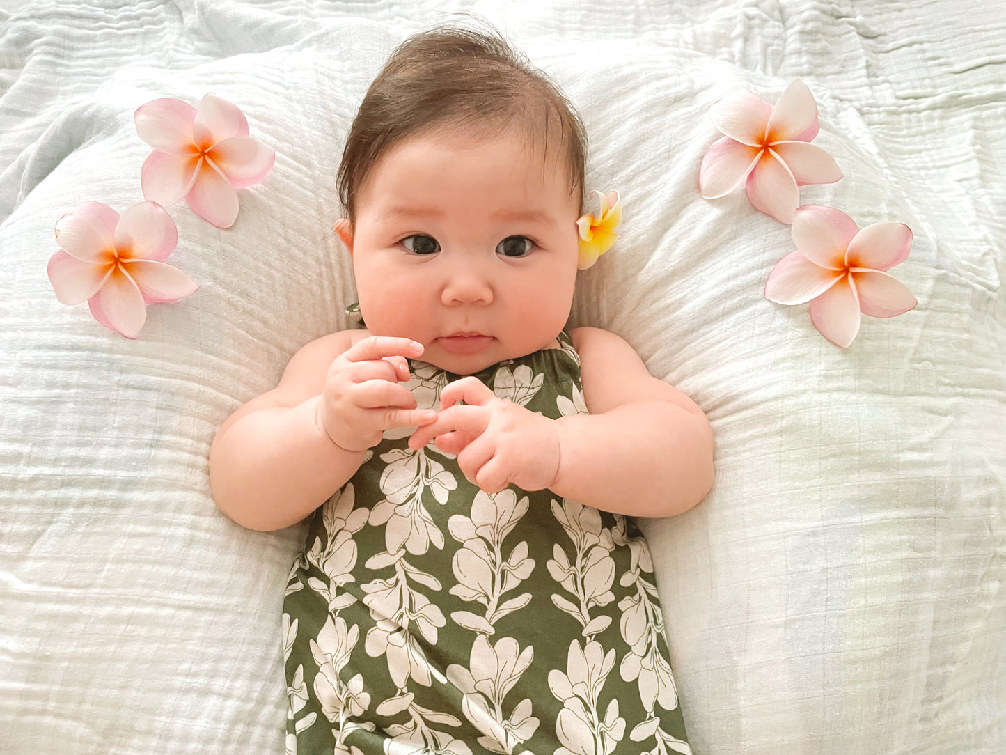 Olive Plumeria Lei Halter Tie Romper